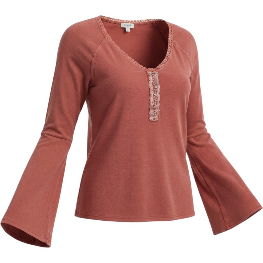 POL Women Rust Orange Lace Trim Henley Top Long Bell Sleeve Boho Ribbed Knit S